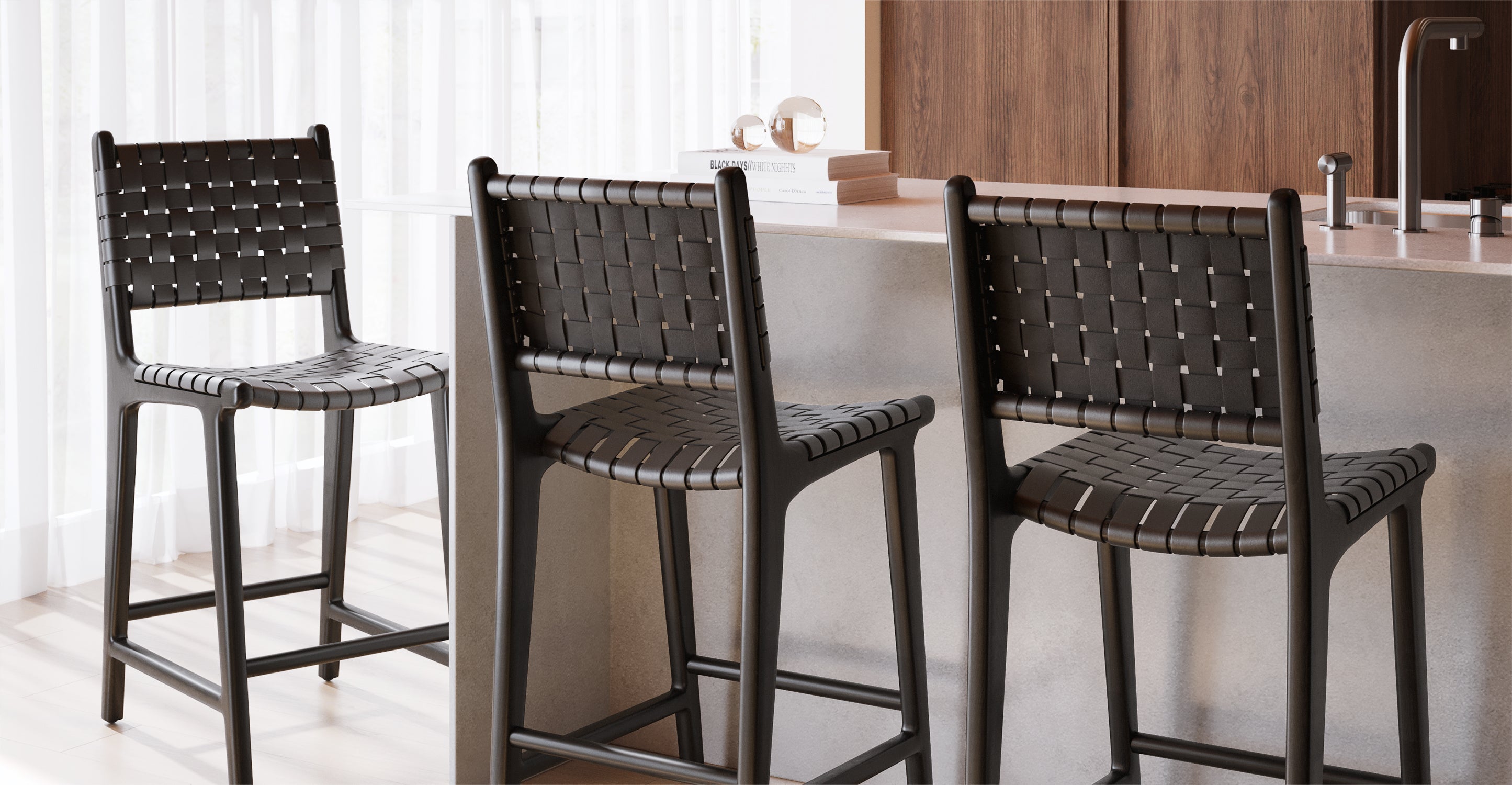 Banda Teak & Woven Leather Counter Height Stool